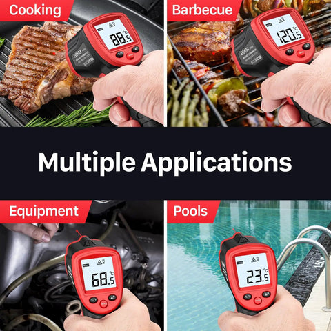 Infrared Temperature Gun For Cookin And Grillin With Adjustable Emissivity, Fast 0.5 Second Readings, Wide -58F To 1112F Range, 12 To 1 Distance To Spot, Non Contact Laser Thermometer For Oven Pizza Candy Griddle Engine And More used on steak, BBQ, engine, and pool.