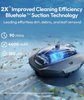 Beast Cordless Robotic Pool Cleaner With Industry Leading Suction Power DirtLock Tech 2.0 shown underwater with specs.