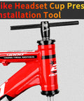 All In One Bike Bottom Bracket Bearing Install Removal And Headset Press In Tool Kit in use on red bike frame
