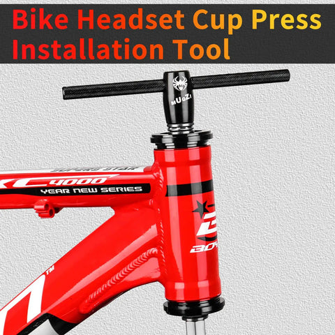 All In One Bike Bottom Bracket Bearing Install Removal And Headset Press In Tool Kit in use on red bike frame
