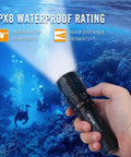Hand holding DL10R Dive Light 4500 Lumens Beast Mode Underwater Flashlight, Type C Rechargeable, IPX-8 Waterproof beam in ocean