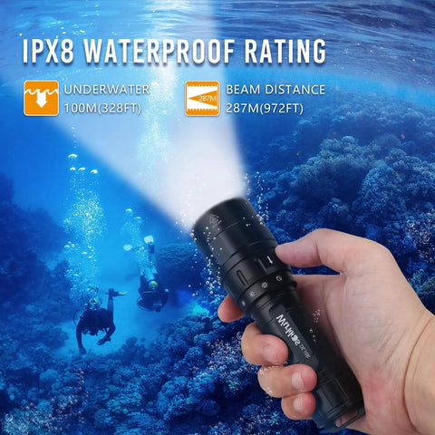 Hand holding DL10R Dive Light 4500 Lumens Beast Mode Underwater Flashlight, Type C Rechargeable, IPX-8 Waterproof beam in ocean