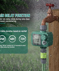 Programmable sprinkler timer with rain delay feature connected to outdoor faucet, showing 1 outlet digital display for watering.