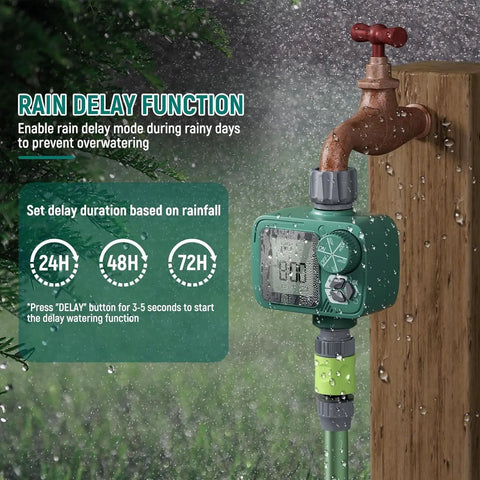 Programmable sprinkler timer with rain delay feature connected to outdoor faucet, showing 1 outlet digital display for watering.