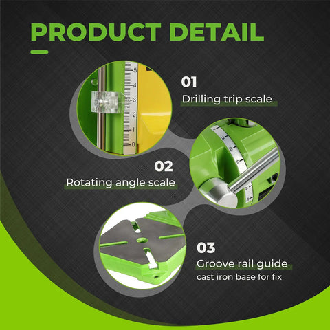Image showing details of the Upgrade Floor Drill Press Stand With 90 Degree Rotating Frame For Hand Drills, focus on scales and base.