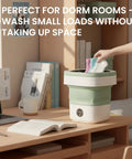 Totally Foldable Hella Portable Washing Machine With Heavy Duty Spin Basket And Three Fast Wash Cycles Super Compact 16 Liter Mini Laundry Drum in a dorm setting with colorful socks being added.