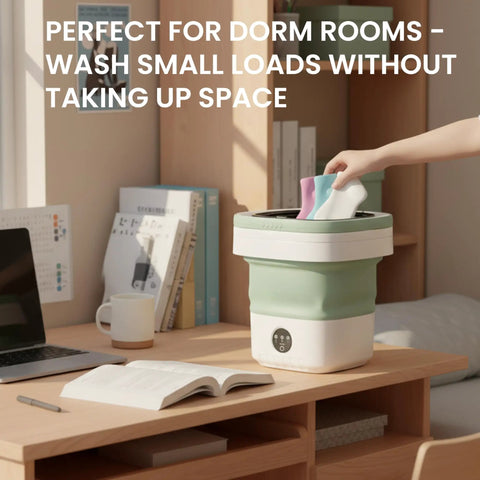 Totally Foldable Hella Portable Washing Machine With Heavy Duty Spin Basket And Three Fast Wash Cycles Super Compact 16 Liter Mini Laundry Drum in a dorm setting with colorful socks being added.