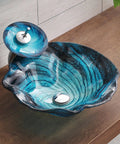 USZWBY Bathroom Vessel Sink, Countertop Sink Bowl Tempered Glass Vanity Sink Bowl On The Top with artistic blue swirls.