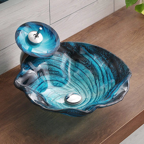 USZWBY Bathroom Vessel Sink, Countertop Sink Bowl Tempered Glass Vanity Sink Bowl On The Top with artistic blue swirls.