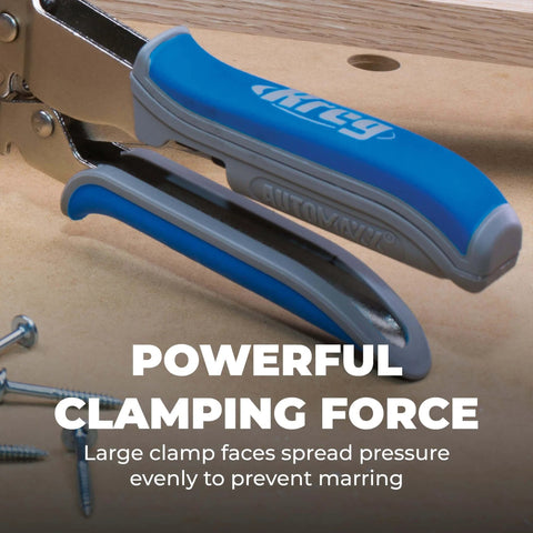Automaxx Auto-Adjust Clamp Pressure Technology Wood Project Clamp 3 Inch Face Clamp close-up with blue ergonomic padded handles