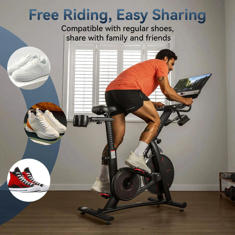 Man using Peloton Pedal Converters For Regular Shoes With No Slip Platform Pedals For Peloton Bike And Bike Plus in home setting
