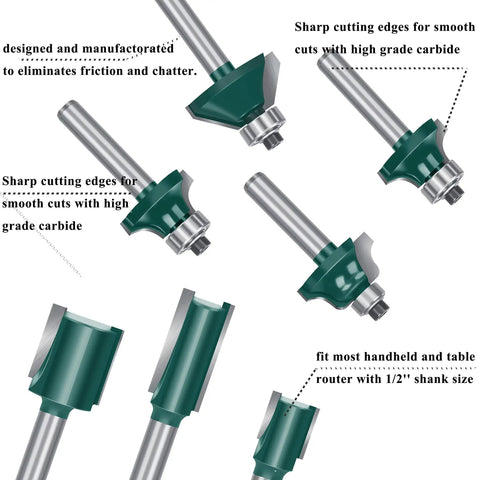 Pro Grade Router Bit Set For Woodworking One Quarter Inch Shank Molding Cutter Kit With Tongue Groove Bits and carbide edges