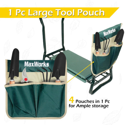 Folding Garden Kneeler Stool With 8 Inch Wide Kneeling Pad And Tool Pouch For Planting And Gardening, shown with tools in pouch.