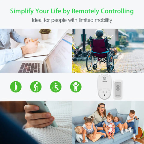 Collage showing a person using a laptop, a person in a wheelchair outdoors, remote and outlet for Remote Control Outlet Switch For Lights, Lamps, And Fans, Wireless Plug In Receiver With 100Ft RF Range, 1200W, Includes One Remote And One Outlet, Easy Setup No WiFi Or Apps Needed For Quick Wireless Lighting Control, icons for mobility assistance, and a family on a couch