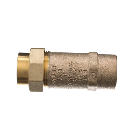 Brass Zurn Wilkins 1UFX1F-700XL dual check valve with 1 in female union inlet/outlet; side view