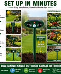 2 Pack Ultrasonic Animal Deterrent Devices For Outdoor Gardens Solar Powered Motion Sensor Safe Humane Sonic Fortress Pro Garden Shield installed in lawn