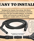 Replacement Vacuum Hose Extension For Upright And Stick Vacuums With A Long 10 Foot Reach And One And One Eighth Inch Adapter shown with adapters.