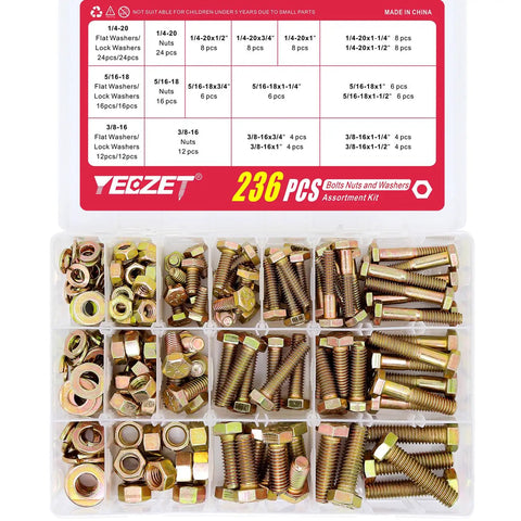 236 Piece Grade 8 Hex Bolt And Nut Assortment Kit With Flat Washers showing assorted bolts, nuts, and washers in a plastic storage bin.