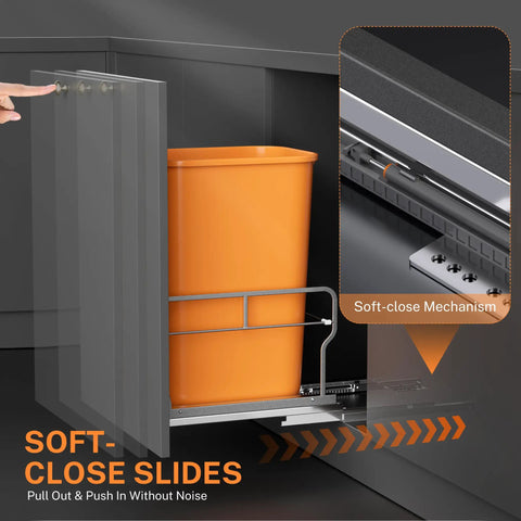 Premium Slick Under Cabinet Trash Pull Out Organizer Rack With Silent Soft Close Slides For Space Saving Kitchen Layout, orange bin shown.