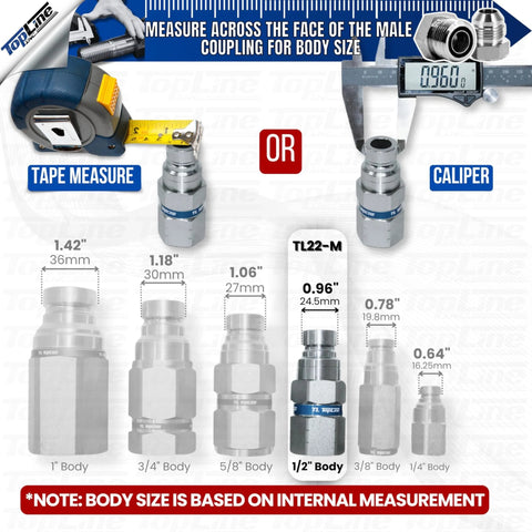 TL22 hydraulic quick-connect coupling set with 1/2" body, ISO 16028, dust caps