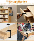 Eight Piece C Clamp Set For Woodworking And Metalworking, used in shelving, drawers, cutting, and assembling wood pieces.