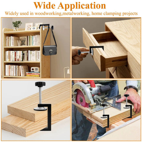 Eight Piece C Clamp Set For Woodworking And Metalworking, used in shelving, drawers, cutting, and assembling wood pieces.
