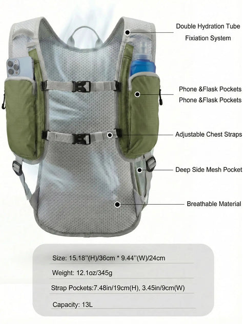 2L Hydration Pack With Zipper Phone Pocket On Shoulder Strap, Lightweight Daypack with adjustable straps and mesh back view