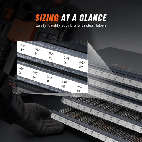Five Drawer Steel Tap Dispenser Cabinet With Sixty Compartments Holds Tap Sizes From 2 56 To 12 28, close-up of label slots