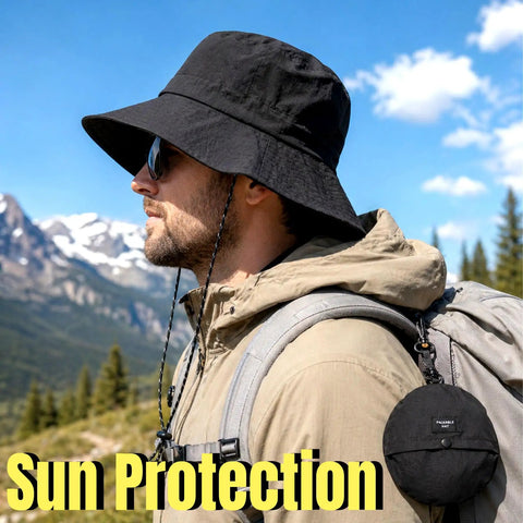 Man wearing Packable Sun Bucket Hat For Men With UV Protection Lightweight Waterproof Outdoor Cap For Hiking Beach And Travel Breathable Black Sun Hat Foldable Design For Easy Packing And All Day Comfort with mountains in the background