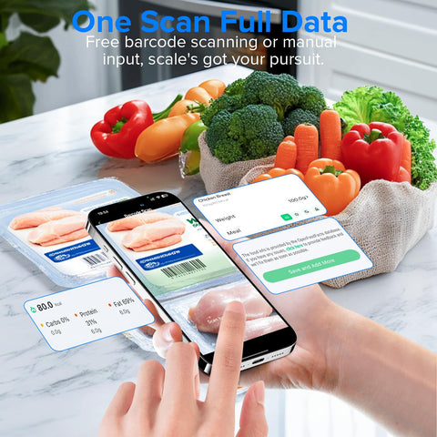 App displaying nutritional data of chicken and vegetables with Your Kitchen Sidekick Smart Scale With Nutritional Calculator And Free App