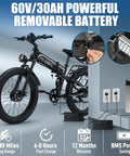 Badass 9000W Dual Motor Fat Tire Ebike For Adults showing 60V 30A battery being charged, 26x4 fat tires, folding design