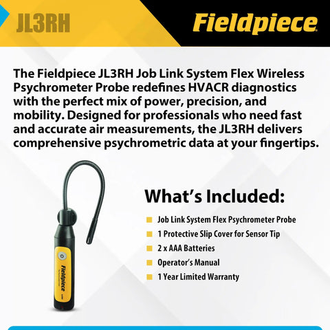 Job Link System Flex HVACR Wireless Psychrometer Probe With 1000 ft Bluetooth Range, Flexible Wand and Magnetic Mount, Pro-Grade Supply Return Switch, Water-Resistant Diagnostic Tool for Onsite Readings, Fieldpiece JL3RH packaging
