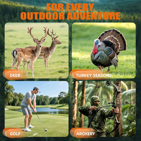 Premium Huntin Laser Rangefinder With 1000 Yard Range Rechargeable Battery; deer, turkey, golf, archery outdoor scenes.