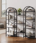 Arched Triple Column Small 4 Tier Bookshelf With Open Display Shelves And Iron Pipe Accents for Living Room next to window.