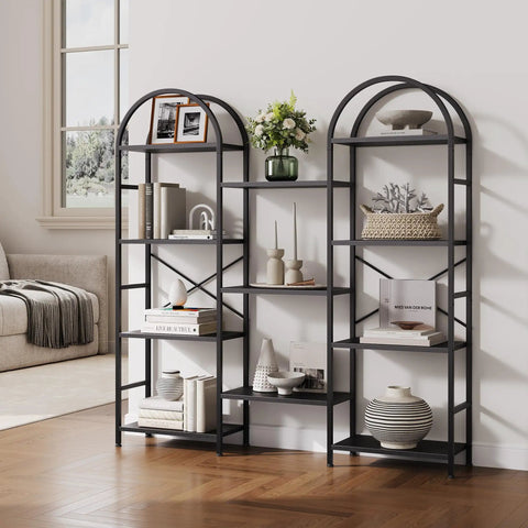 Arched Triple Column Small 4 Tier Bookshelf With Open Display Shelves And Iron Pipe Accents for Living Room next to window.