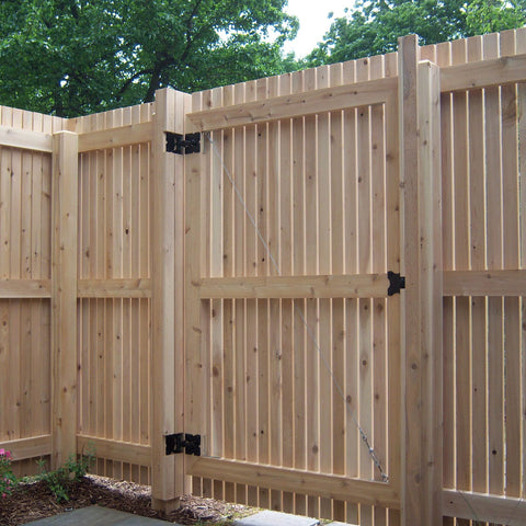 Wooden fence with Two Pack Self Closing Gate Hinges For Wood And Vinyl Fences Heavy Duty Gate Closers With 22 Screws Swing Adjuster Tool.