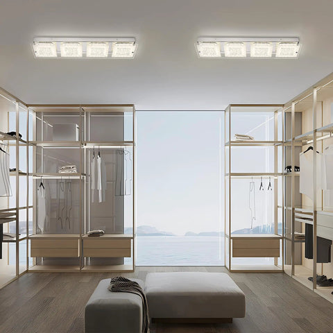 Modern closet with two Rectangular Flush Mount LED Ceiling Light Fixture 24 Inch Long Crystal Dimmable providing bright neutral lighting.
