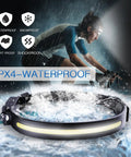 Cyclist wearing Rechargeable Headlamp For Adults, Hard Hat Light And Headband Flashlight With COB Strip LEDs, in rain, waterproof feature shown.