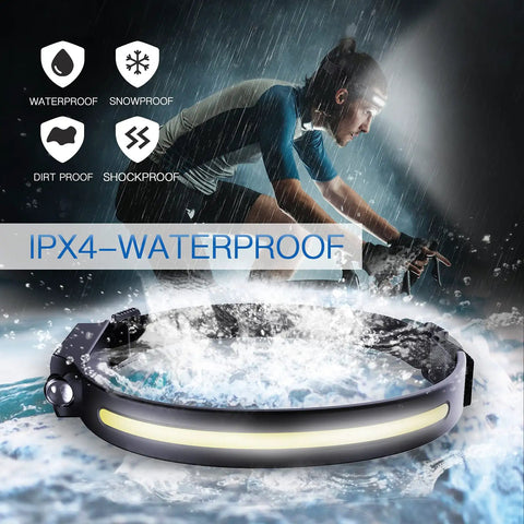 Cyclist wearing Rechargeable Headlamp For Adults, Hard Hat Light And Headband Flashlight With COB Strip LEDs, in rain, waterproof feature shown.