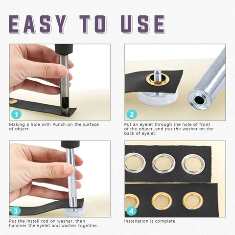 Installation steps for Grommet Eyelets Kit 240 Sets 6 mm Inner Diameter One Quarter Inch 4 Colors Silver Gold Gunmetal Bronze