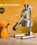 Manual Citrus Juicer Heavy Duty Cast Iron Press With Removable Strainer For Oranges Lemons Grapefruit And Pomegranate Commercial Grade Hand Press For Home Bar Use Gray, shown with dimensions and weight