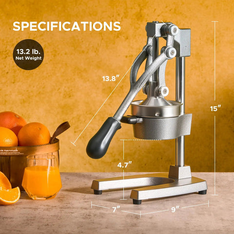 Manual Citrus Juicer Heavy Duty Cast Iron Press With Removable Strainer For Oranges Lemons Grapefruit And Pomegranate Commercial Grade Hand Press For Home Bar Use Gray, shown with dimensions and weight