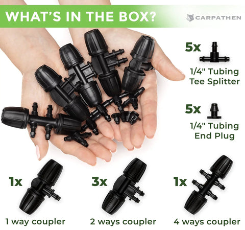 Hands holding Drip Irrigation Fittings Kit 5/16 To 1/4 Inch Connectors Set, showing barbed tee, splitter, and end plugs.