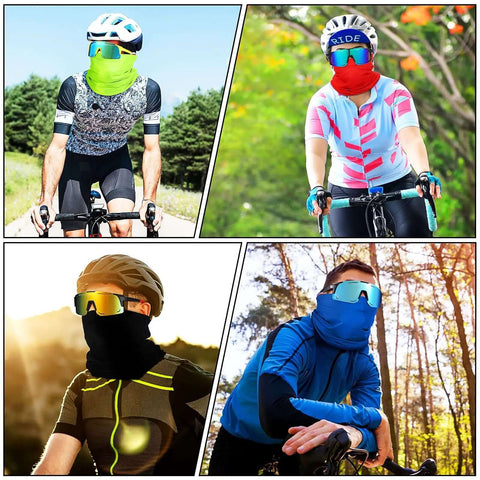 Cyclists wearing 24 Piece Polarized Sports Sunglasses And Breathable Neck Gaiter Face Mask Set For Men Women Your Best Go To Outdoor Gear For Hiking Cycling Running Fishing Driving