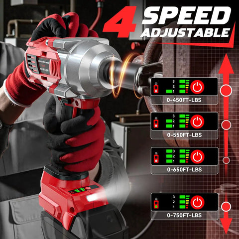Cordless Half Inch Impact Wrench Bare Tool No Battery Included, 750 Foot Pounds of Torque, Four Speed Settings, in use