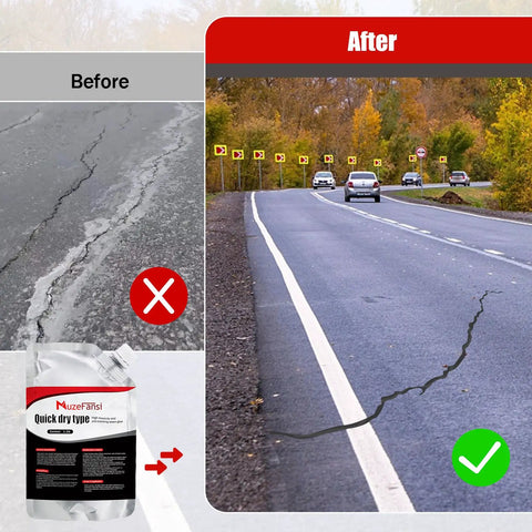 Before and after of road repair with Self Leveling Asphalt Crack Filler And Concrete Crack Sealant For Driveways Patios Walls And Garage Floors Quick Dry Waterproof Bond 2 Pack Easy Patch For Long Lasting Durability