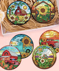 Fall Diamond Art Coaster Kit For Adults Eight Piece Set With Holder Cork Bases And Diamond Pens DIY Diamond Painting Coasters Featuring Sunflower Floral Truck Designs 4x4 Inches Beginner Friendly Super Easy Starter Set
