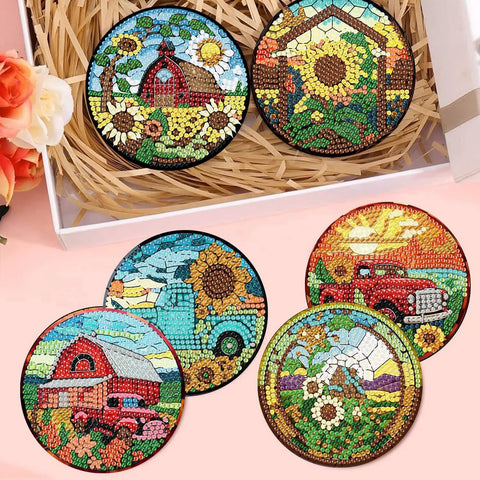 Fall Diamond Art Coaster Kit For Adults Eight Piece Set With Holder Cork Bases And Diamond Pens DIY Diamond Painting Coasters Featuring Sunflower Floral Truck Designs 4x4 Inches Beginner Friendly Super Easy Starter Set