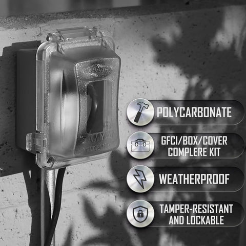 Rugged Nonmetallic Extra Duty In Use Cover Kit For 15 Amp WRTR GFCI Outlet With Self Test 1 Gang Clear And Gray Outdoor Weatherproof Cover Built To Take A Beating UL Listed mounted on a wall