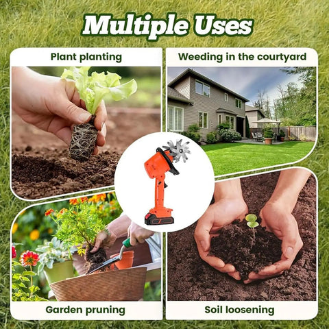 Cordless Mini Tiller With Five 1500mAh Batteries And Fast Charger, 235RPM Handheld Cultivator uses for planting and pruning.